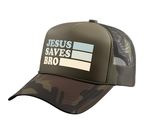 Jesus Saves Bro Christian Religion Trucker Hat with Adjustable Mesh Back - color: Camo Green