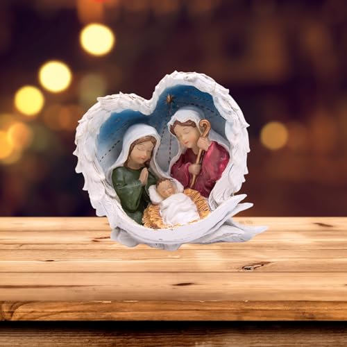 Wowser Nativity Scene Figurine with Angel Wings, Holy Family Christmas Decoration, Mary Joseph Baby Jesus Statue, Religious Holiday Tabletop Decor, 6.5 Inch Resin Keepsake Gift