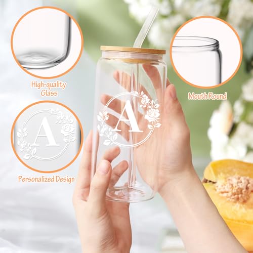 Birthday Gifts for Women, Monogrammed Initial Glass Cup Personalized Gifts for Women, 16oz Glass Cups with Lids and Straws, Iced Coffee Cup, Beer Can Shaped Glass - Gifts for Mothers Day, Christmas, A - style: A