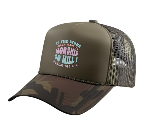 Christian Faith If Stars were Made to Worship Bible Verse Trucker Hat with Adjustable Mesh Back - color: Camo Green