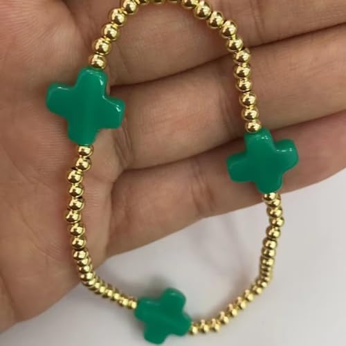 Colorful Cross Charm Bracelets for Women Men Adjustable Gold Plated Beaded Bracelet Boho Bead Ball Stretch Bracelet Birthday Summer Beach Jewelry - color: Green