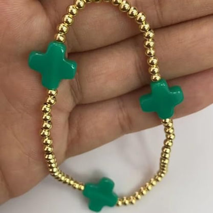 Colorful Cross Charm Bracelets for Women Men Adjustable Gold Plated Beaded Bracelet Boho Bead Ball Stretch Bracelet Birthday Summer Beach Jewelry - color: Green