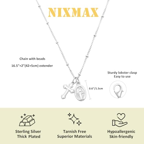 NIXMAX Small Cross Necklace for Women, 14K Gold Silver Plated Pendant - color: Silver-Virgin Mary with Cross