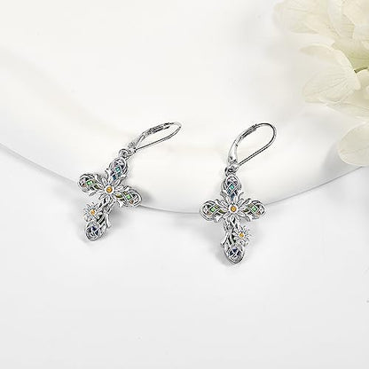 Cross Earrings 925 Sterling Silver Cross Dangle Drop Earring Gifts for Women sunflower