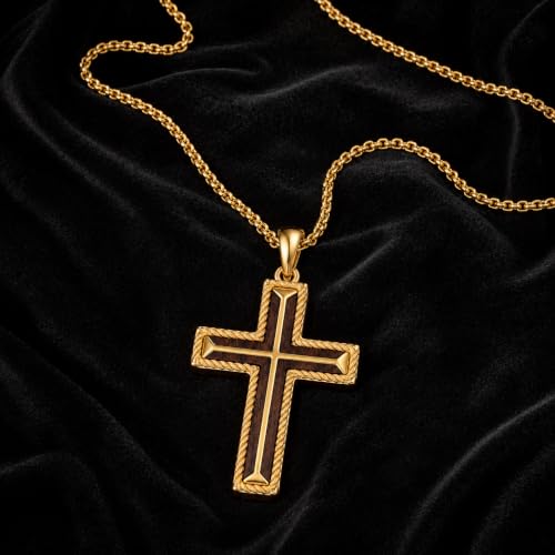 14K Gold Plated Wood Cross Necklace for Men Christian Pendant Jewelry - color: A05-Cross