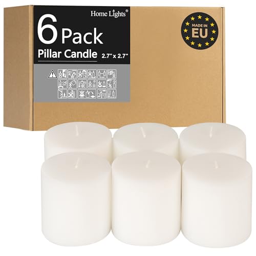Pillar Candles - 2.7x3 inch | 30 Hours Burning, 6 Count - White Unscented Smokeless European Pillar Candles - Perfect for Wedding, Parties, Spas, Home Gatherings and Dinner - size: 27X27P