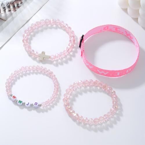 WWJD Bracelets Set WWJD Wristbands Christian Cross Bracelet Stackable Clay Bead Bracelets Stretch Glass Beaded Inspirational Christian Jewelry Gift for Couples Women Men - color: 4 Pcs Pink