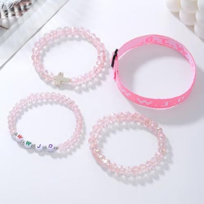 WWJD Bracelets Set WWJD Wristbands Christian Cross Bracelet Stackable Clay Bead Bracelets Stretch Glass Beaded Inspirational Christian Jewelry Gift for Couples Women Men - color: 4 Pcs Pink