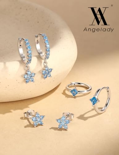 Angelady Gold Hoop Earrings Set for Women, Dainty 14K Gold Plated Flower Moon Cross Dangle Earrings, Hypoallergenic Huggie Hoop Earring Stacks, Stud Earrings for Women Trendy Jewelry Gift - color: Silver Blue CZ