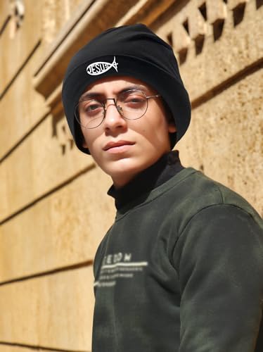 Black Flexible Classic Adult Beanie Cap for Men Women - Warm Knitted Hat for Winter, Chemo Cap Headwear - color: Jesus Fish