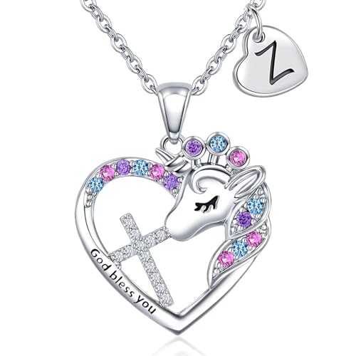 Easter Basket Stuffers - Easter Gifts for Girls Kids,Cross Unicorn Necklaces with Initial for Teen Girls Kids Daughter Granddaughter Birthday Christian Religious Gifts 16+3 Inches - style: Z