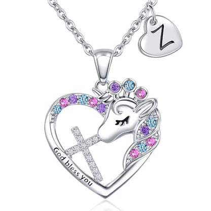 Easter Basket Stuffers - Easter Gifts for Girls Kids,Cross Unicorn Necklaces with Initial for Teen Girls Kids Daughter Granddaughter Birthday Christian Religious Gifts 16+3 Inches - style: Z