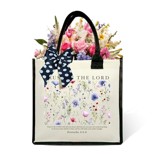 Christian Shoulder Beach Bag - Bible Verse Wildflower Canvas Tote Bag Gifts - color: Trust in the Lord