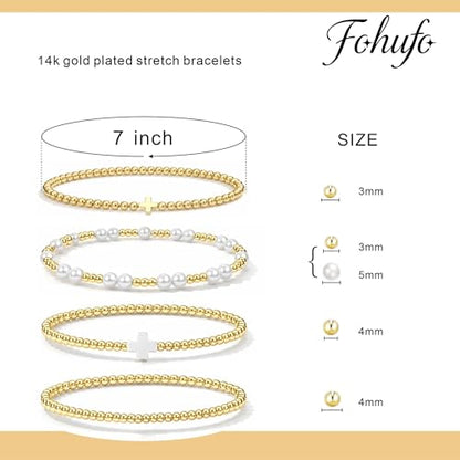 Gold Bracelets for Women Jewelry - Easter Basket Stuffers, Cross/Pearl/Beaded Bracelets Set, Dainty 14K Gold Plated Beaded Bracelets Stack, Birthday Easter Gifts for Women - color: 2Cross+1Bead+1Pearl