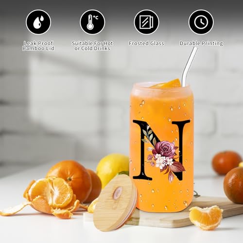 Monogrammed Glass Drinking Cup With Lid Straw Women Wife Anniversary Her 1 2 3 5 6 7 8 10 14 20 25 40 50 Year Gifts Cotton Copper Ivory Bronze Leather Iron Paper First 5th 6th 10th 25th 40th 50th 60,N - style: Letter N