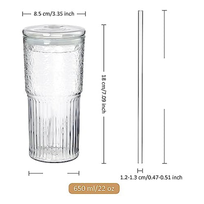 Joeyan 22 oz Glass Tumbler with Straw and Lid for Iced Tea Coffee Smoothie Water Juice Beverages Soda,Clear Borosilicate Glasses Cups,Ribbed Drinking Jar,Set of 2,Dishwasher Safe - color: Clear glass tumbler
