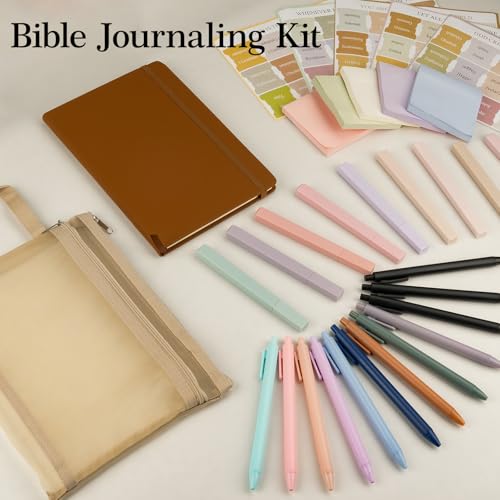 Bible Study Supplies,Bible Journaling Kit,Bible Study Kit with Journal,12 No Bleed Highlighters,12 Gel Pens,75 Tabs, 400 Sticky Notes,Christian Gifts for Women Men (Brown) - color: Brown