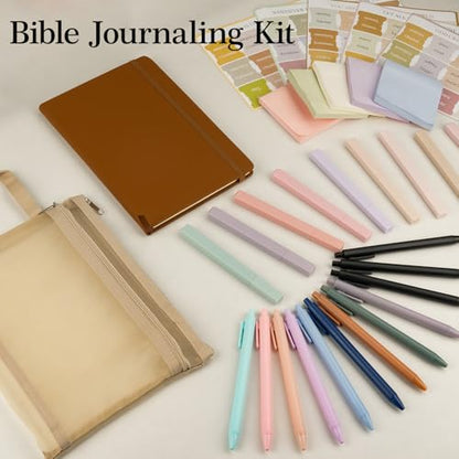 Bible Study Supplies,Bible Journaling Kit,Bible Study Kit with Journal,12 No Bleed Highlighters,12 Gel Pens,75 Tabs, 400 Sticky Notes,Christian Gifts for Women Men (Brown) - color: Brown