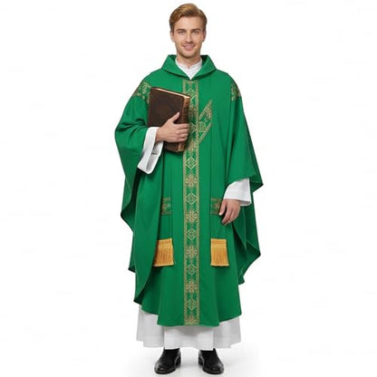 FAD-4U Church Catholic Priest Chasubles Vestments for Church Mass Vestments Robe with Stole - color: Green&gold