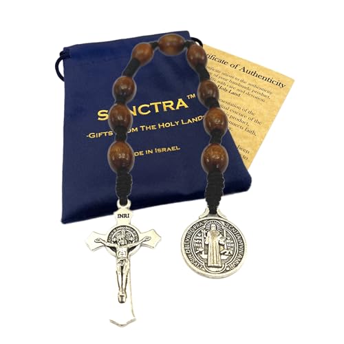 Pocket Rosary, Prayer Beads with Saints Medal and Cross/Crucifix - style: St Benedict, 9 Beads, Dark Brown Wood, Chaplet Chain