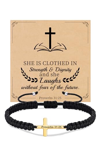 Christian Gifts Cross Bracelet for Men Easter Baptism Religious Gifts for Women Handmade Braided Bracelets Inspirational Confirmation Gifts for Teenage Girl Boys Jewelry - color: Gold, style: Proverbs 31:25