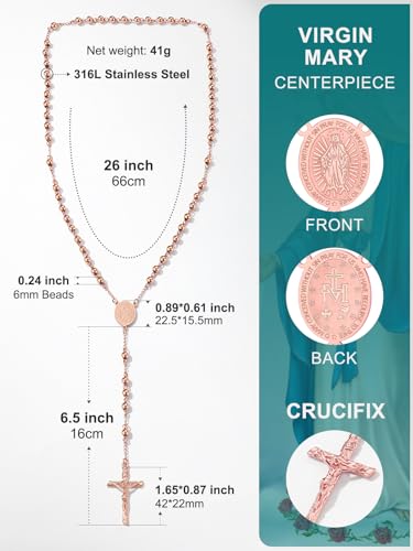 Supcare Rosary for Men Women Catholic Necklace Rosary Beads Customized - color: B04-Virgin Mary Rose Gold with Case