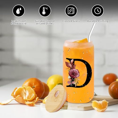 Wulcea Monogrammed Glass Drinking Cup With Lid Straw Cool Grandma Gifts Grandmother Nana Glamma Mawmaw Yaya Abuela Abuelita Grandmas Mamaw Memaw Mimi Nonna Present Granny Oma Meme Christmas Xmas,D - style: Letter D