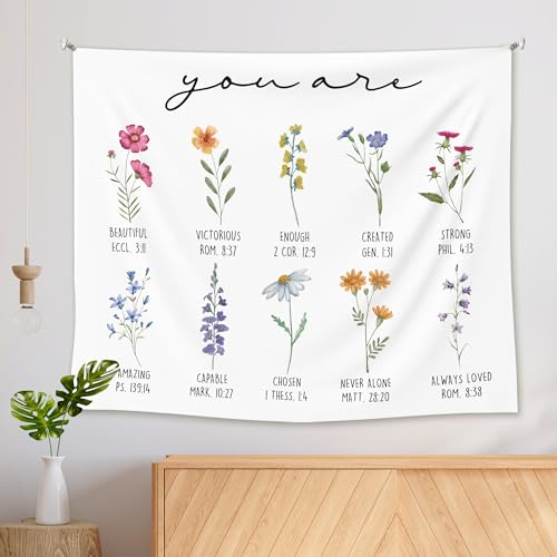 EGBTL Floral Christian Tapestry, Christian Wall Tapestry for Girls Room, Religious Inspirational You Are Bible Verses Tapestries Wall Hanging Decor for Home Church Prayer Room, 50x60 Inches