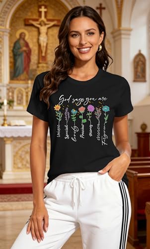Womens Christian Shirt Bible Verse T-Shirt Religious Gifts Florial Tee Tops - color: Black, size: Large