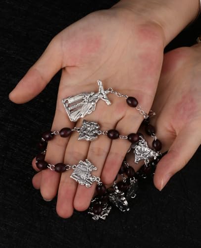 14 Stations of Cross Pendant Chaplet Rosary Necklace 7x9mm Wooden Prayer Beads Chain Sacraments Jewelry