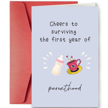 Funny Baby 1st Birthday Card - Celebrating Parenthood & Surviving the First Year - color: #99