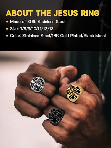 Christian Cross Rings for Men - Stainless Steel Jesus Jewelry with Celtic Knot Sides (Gold/Black/Silver) - Catholic Religious Gift, Size 7-13 - color: J: Silver-Cross