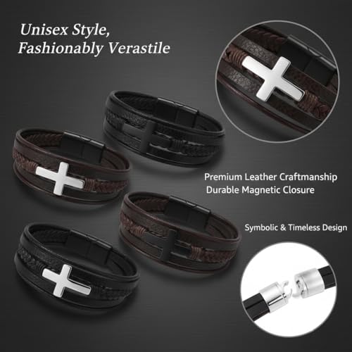 Stainless Steel Braided Leather Bracelet for Men Cuff Bangle Cross - color: 4 Colors