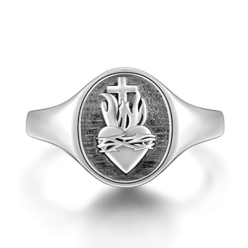 FLYOW S925 Sterling Silver Flaming Sacred Heart Rings Catholic Faith Charm Women Signet Ring Adjustable Love of God Thorn Jewelry Easter Gifts