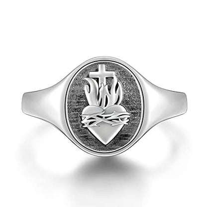 FLYOW S925 Sterling Silver Flaming Sacred Heart Rings Catholic Faith Charm Women Signet Ring Adjustable Love of God Thorn Jewelry Easter Gifts