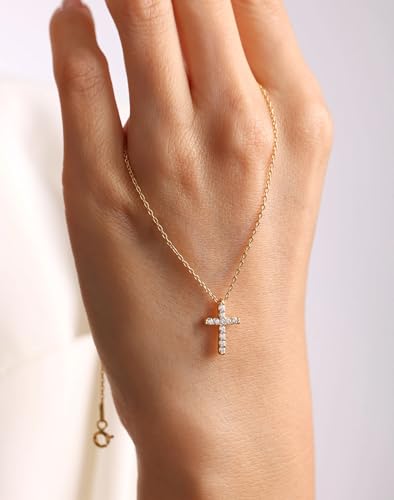 14K Gold Cross Necklace for Women, Dainty Cross Pendant with moissanite,Luxurious Christian Religious Fine Jewelry, Lightweight Dainty 14K Gold Chain Necklace for Women，Versatile for All Occasions - color: Luxurious Cross Pendant Necklace