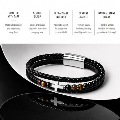 WFJ Men’s Christian Cross Bracelet Genuine Leather Multilayer with Tiger Eye & Black Beads Protection - size: Large