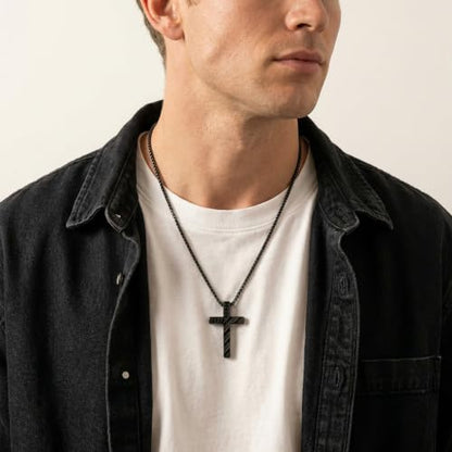 Cross Necklace for Men Black Gold Silver American Flag Pendant Chain Bible Verse Stainless Steel Necklaces Mens Stocking Stuffers for Christmas Christian Gifts - color: black, style: 4:13-