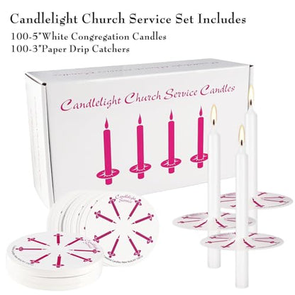 100-Pack White Unscented Taper Candles with Drip Protectors, 4.7" x 0.47" - Smokeless Pure Wax Prayer Candles for Church, Vigil, Memorial, Shabbat & Religious Services - color: 5"100pcs-White