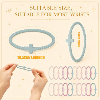 Soaoo 24/60 Pcs Jesus Bracelets Cross Silicone Bracelet Braided Stackable Rubber Wristband Silicone Jewelry Gift for Women Men - color: Pastel, size: Cross