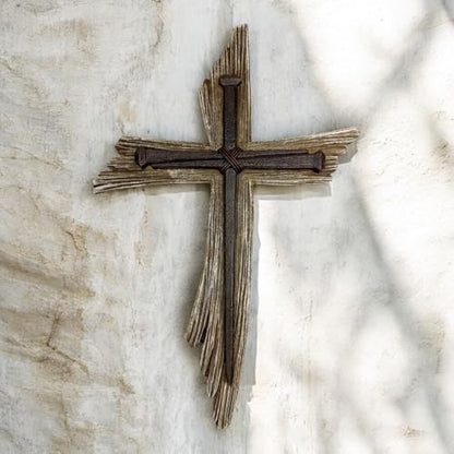 Top Brass Rustic 3-Nail Wall Cross – 12 ½” Resin Christian Cross with Weathered Wood Look and Symbolic Nails of Christ’s Crucifixion – Religious Jesus Crucifix Art