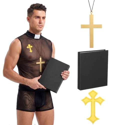 Jiuguva 5 Pcs Halloween Priest Costume for Men Adult Father Cross for Halloween Dress up Party - size: Large, style: Sexy