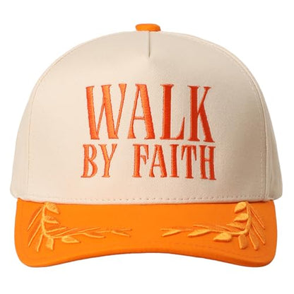 MIRMARU Christian Theme 5 Panel Embroidered Cotton Trucker Hat with Inspirational Faith Sayings for Men and Women - color: Walk By Faith, Orange