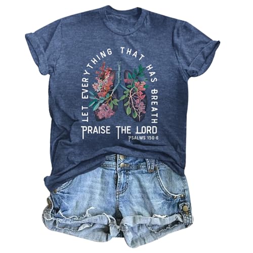 Christian Shirts for Women Vintage Bible Verse T Shirts Boho Floral Jesus Shirt Wildflowers Graphic Tees Tops - color: Navy Blue, size: Medium