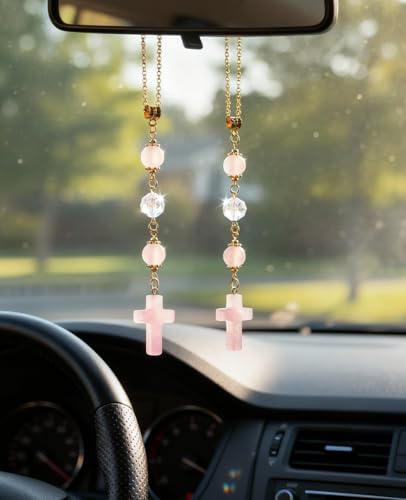 2PCS Crystal Cross for Car Mirror Hanging, Cute Healing Stones Car Rear View Charm Accessories Ornament for Sun Catcher