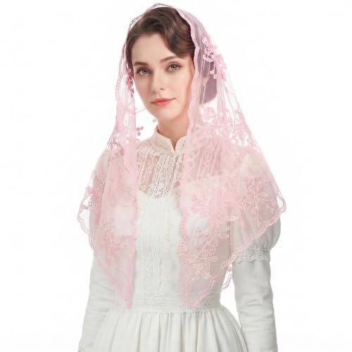 Lystaii Triangle Lace Mantilla Veil Catholic Chapel Head Covering Scarf - color: Pink