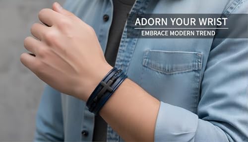 Stainless Steel Braided Leather Bracelet for Men Cuff Bangle Cross - color: Blue&Black