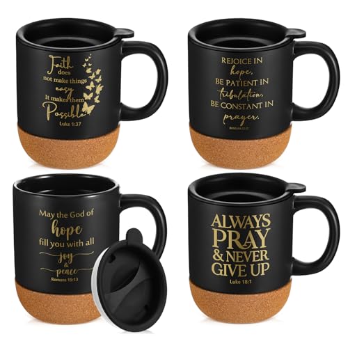 FillTouch 4 Pcs Christian Gifts Ceramic Coffee Mug with Cork Bottom, 15 oz