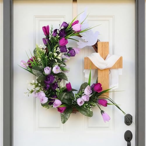 Cinnvoice Easter Cross Wreath Artificial Front Door Wreath - style: Easter Cross