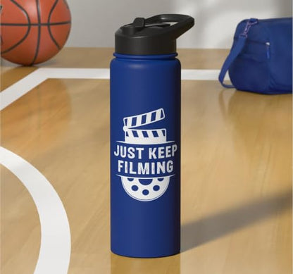 Just Keep Filming Film Industry Video Filmmaker Filming Stainless Steel Insulated Water Bottle - color: Royal Blue